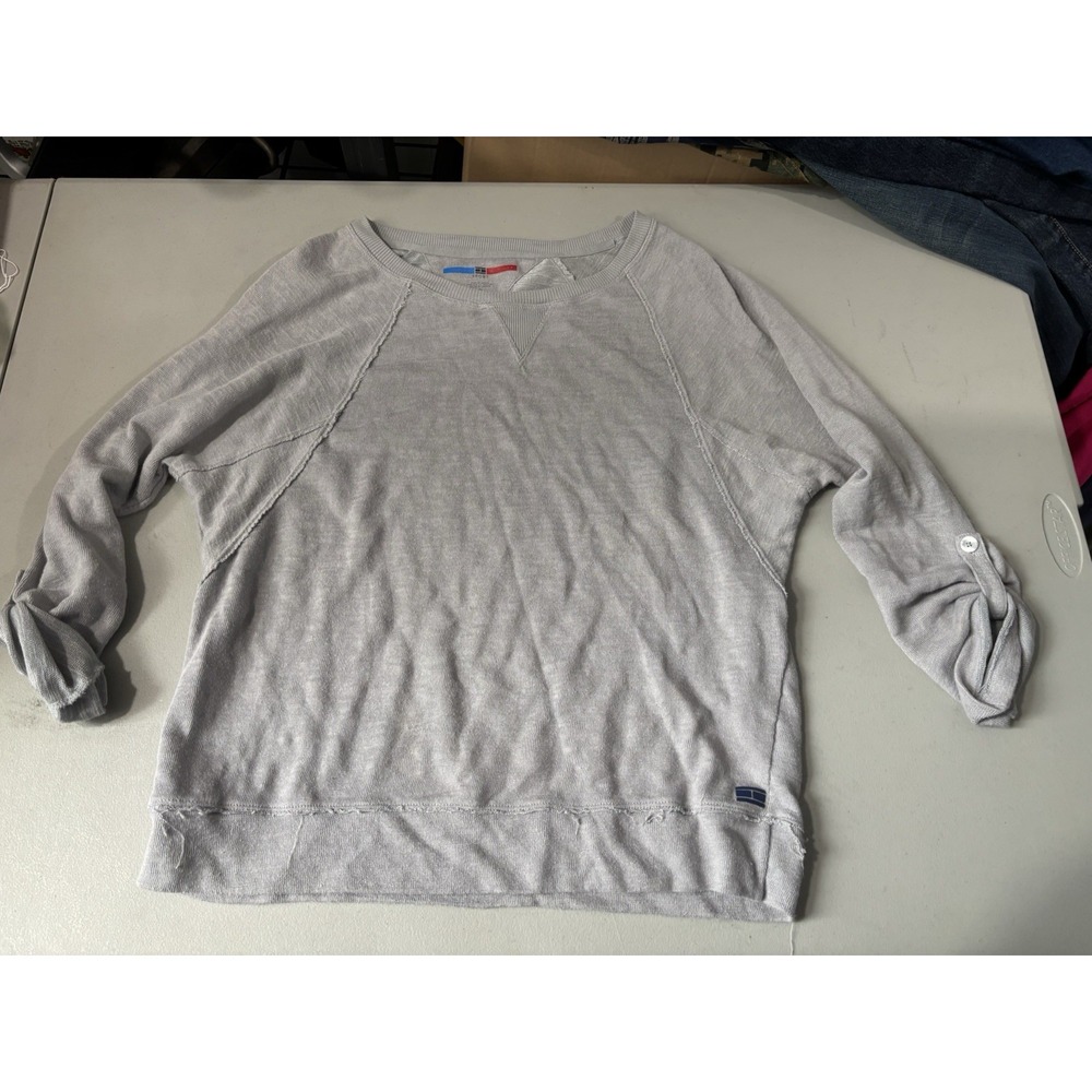 Tommy Hilfiger Sport Wmn's Medium Grey Long Sleeve Pullover Top Roll Tab Sleeves